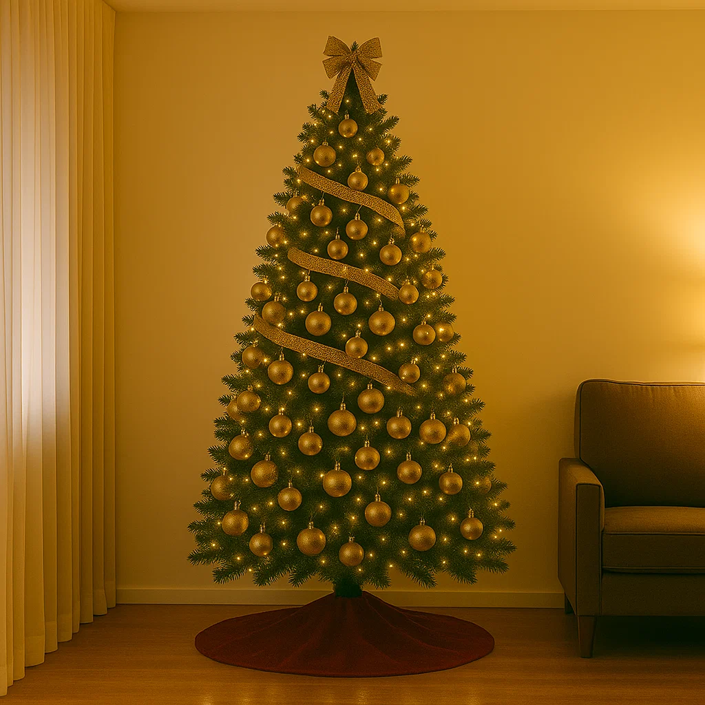 Fully decorated Christmas tree with gold ornaments and bow