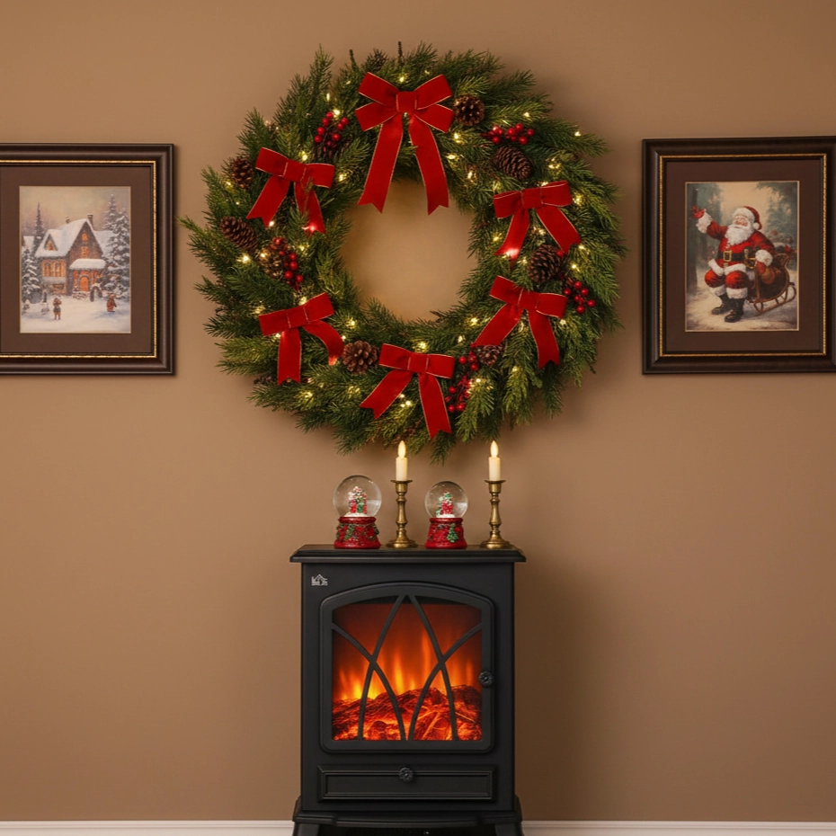 Festive wreath with red bows above electric fireplace.