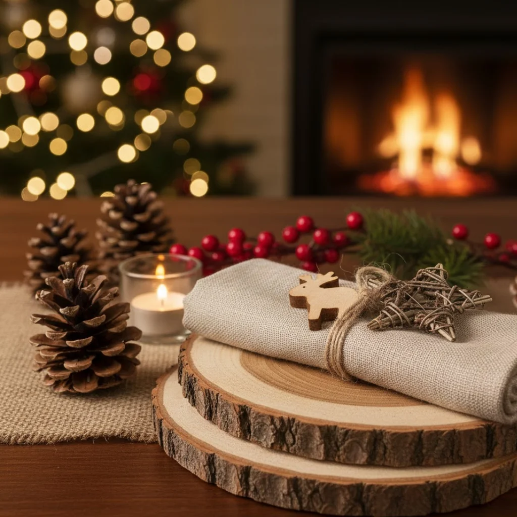 Rustic Christmas table with pinecones, berries, wood slices, and linen napkin tied with twine.

