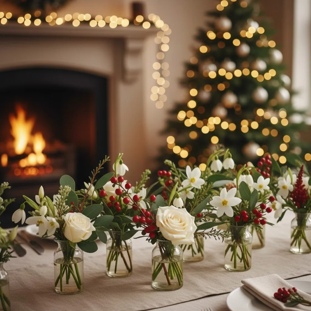 Mini vases filled with white roses, winter flowers, and red berries on a Christmas table.