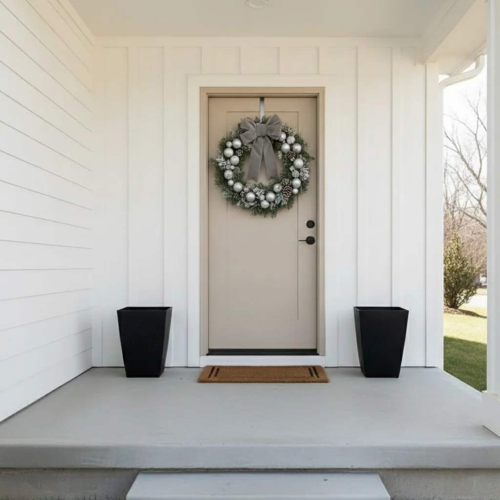 Front door with large silver Christmas wreath decoration.
