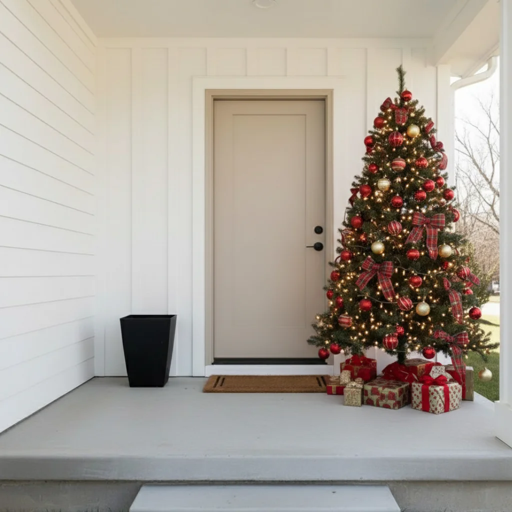 Christmas tree with red ornaments on a decorated porch.