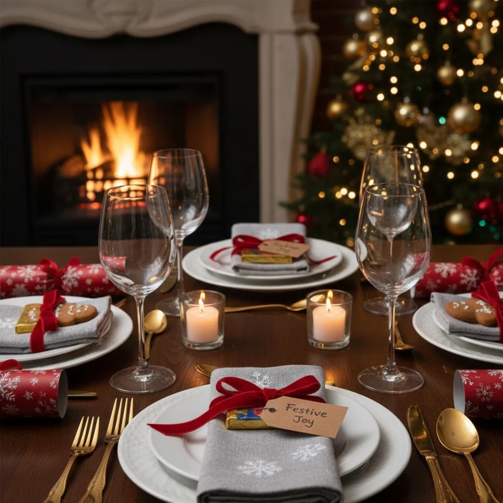 Festive table setting with small wrapped treats, candles, and red ribbons beside plates.