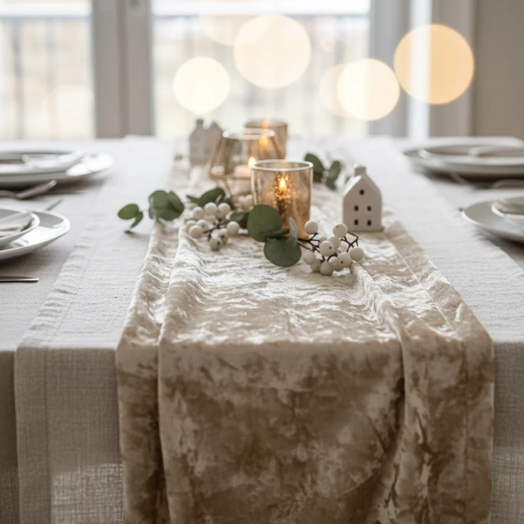 Soft beige velvet table runner decorated with candles, greenery, and white berry accents.