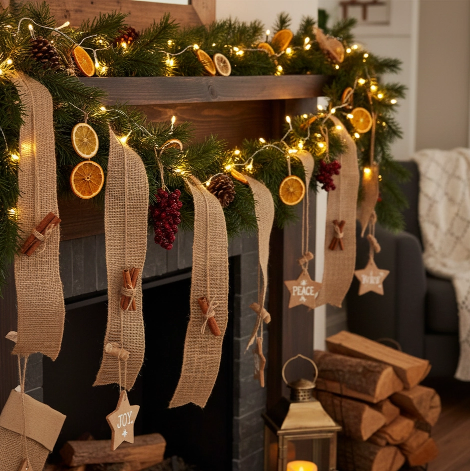 Garland with dried oranges and burlap ribbons on mantel.
