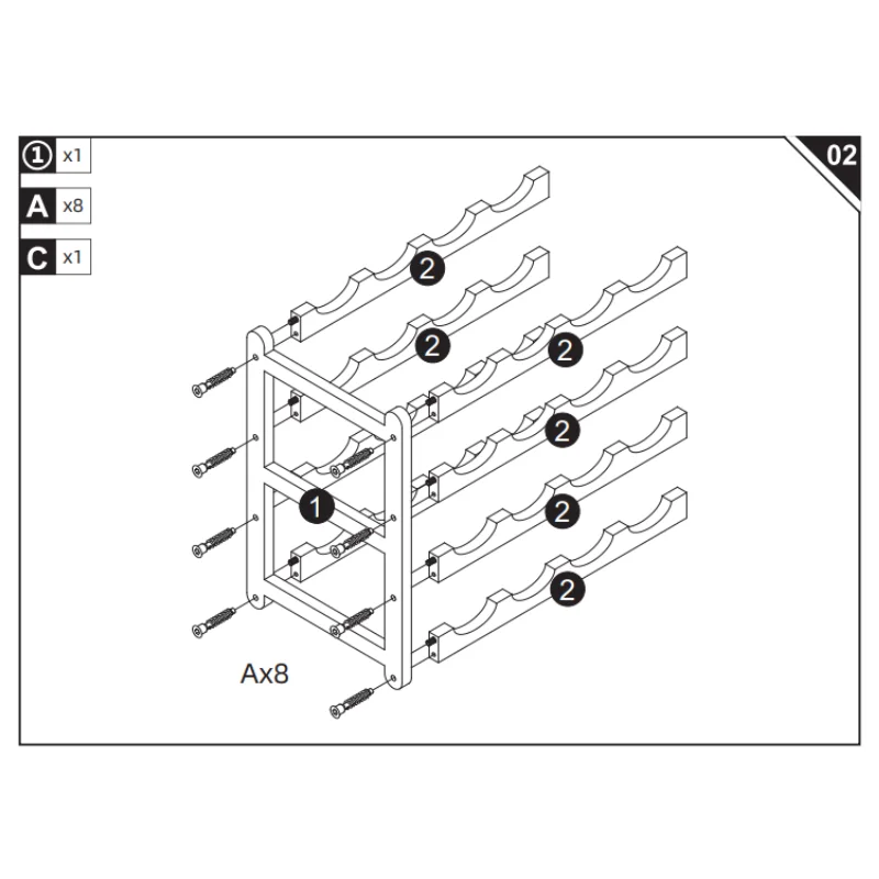 Curved wooden bottle holder bars being attached to the upright wine side support frame using screws.