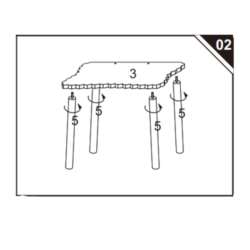 Tabletop positioned upside down while four long legs are twisted into the pre-drilled holes.