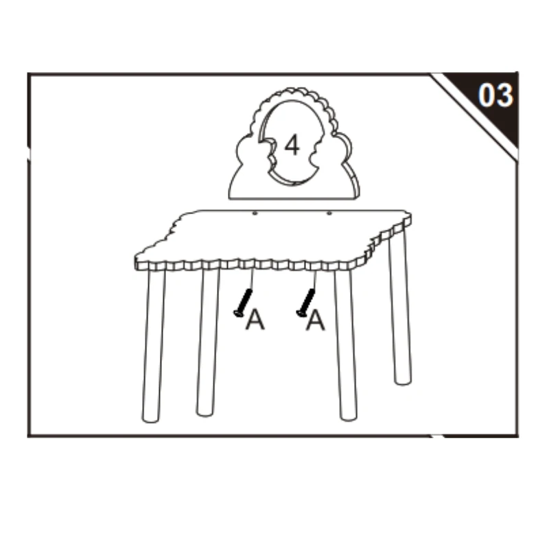 Mirror backboard being aligned and secured to the tabletop using two screws underneath.