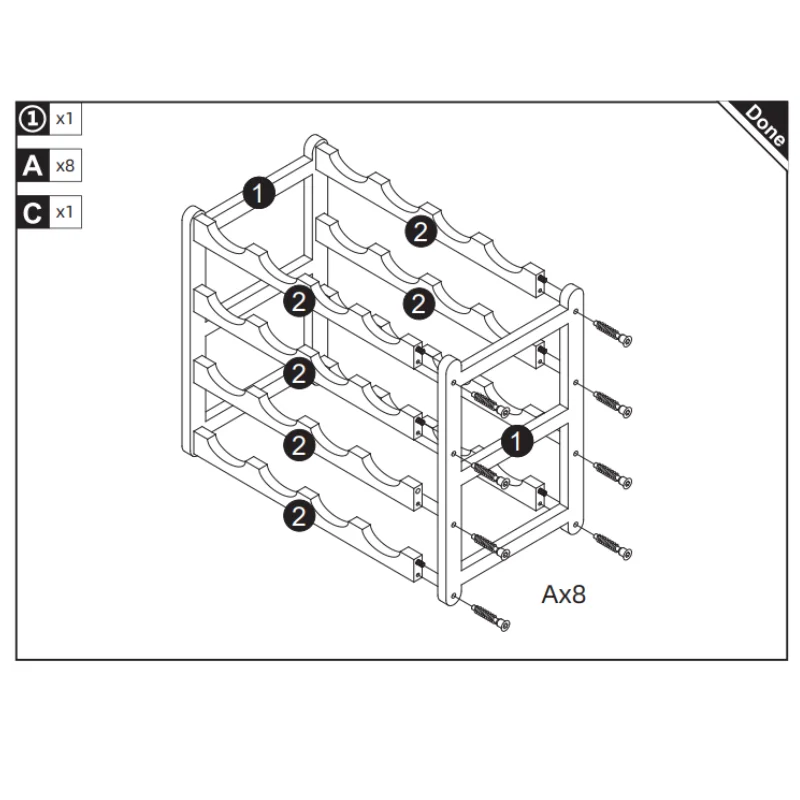 Second wine side support frame being aligned and secured to all curved bottle holder bars with screws.