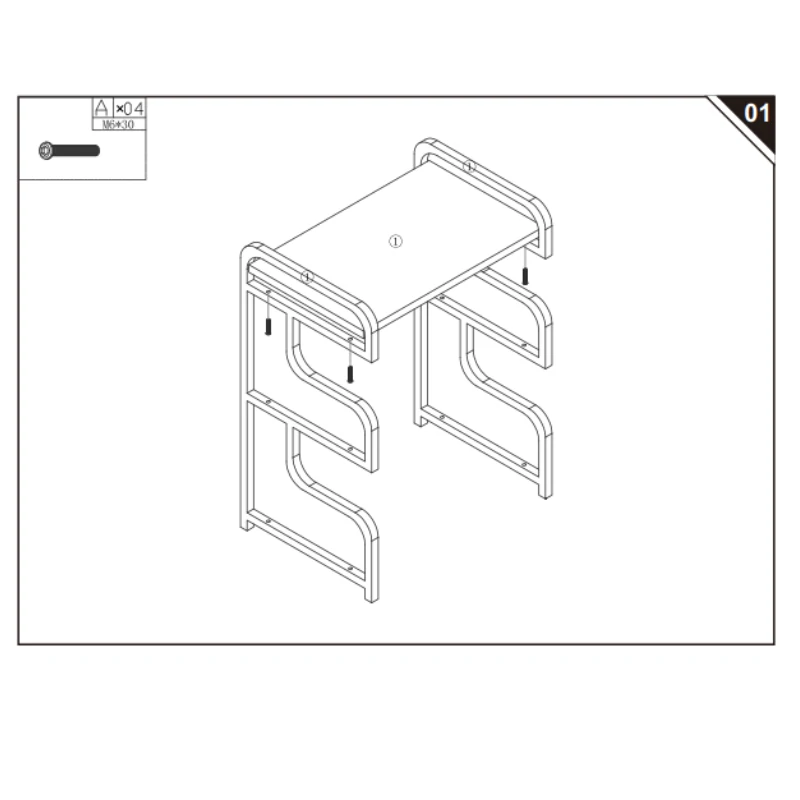 Illustration showing the top shelf being aligned and secured to metal side frames with bolts.