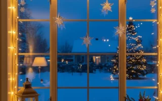 Warm Christmas lights and star ornaments decorating a snowy window view at night