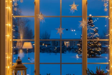 Warm Christmas lights and star ornaments decorating a snowy window view at night