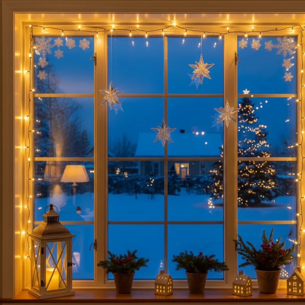 Warm Christmas lights and star ornaments decorating a snowy window view at night

