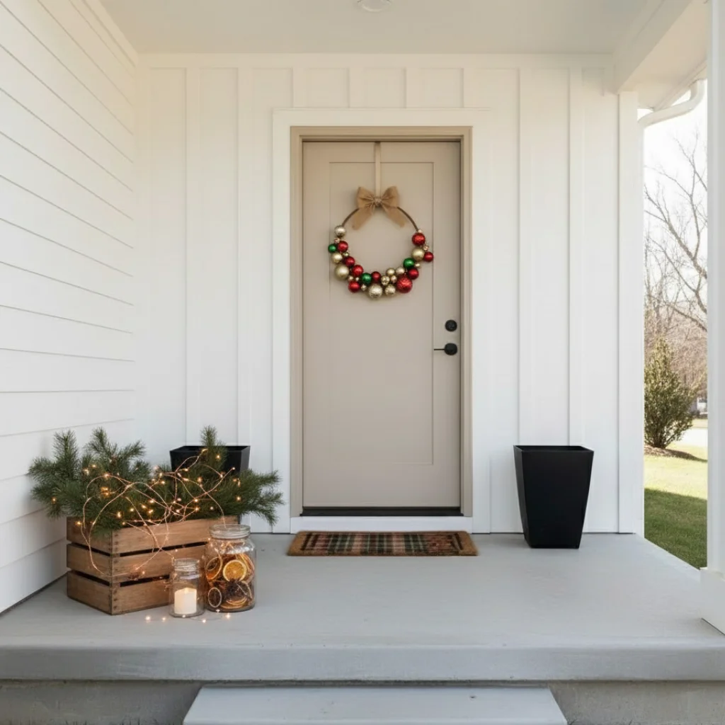 Rustic crate with lights and ornaments by front door.