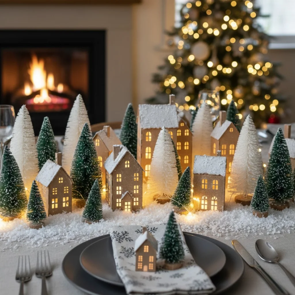 Snowy Christmas village centerpiece with lit miniature houses and bottlebrush trees on table.