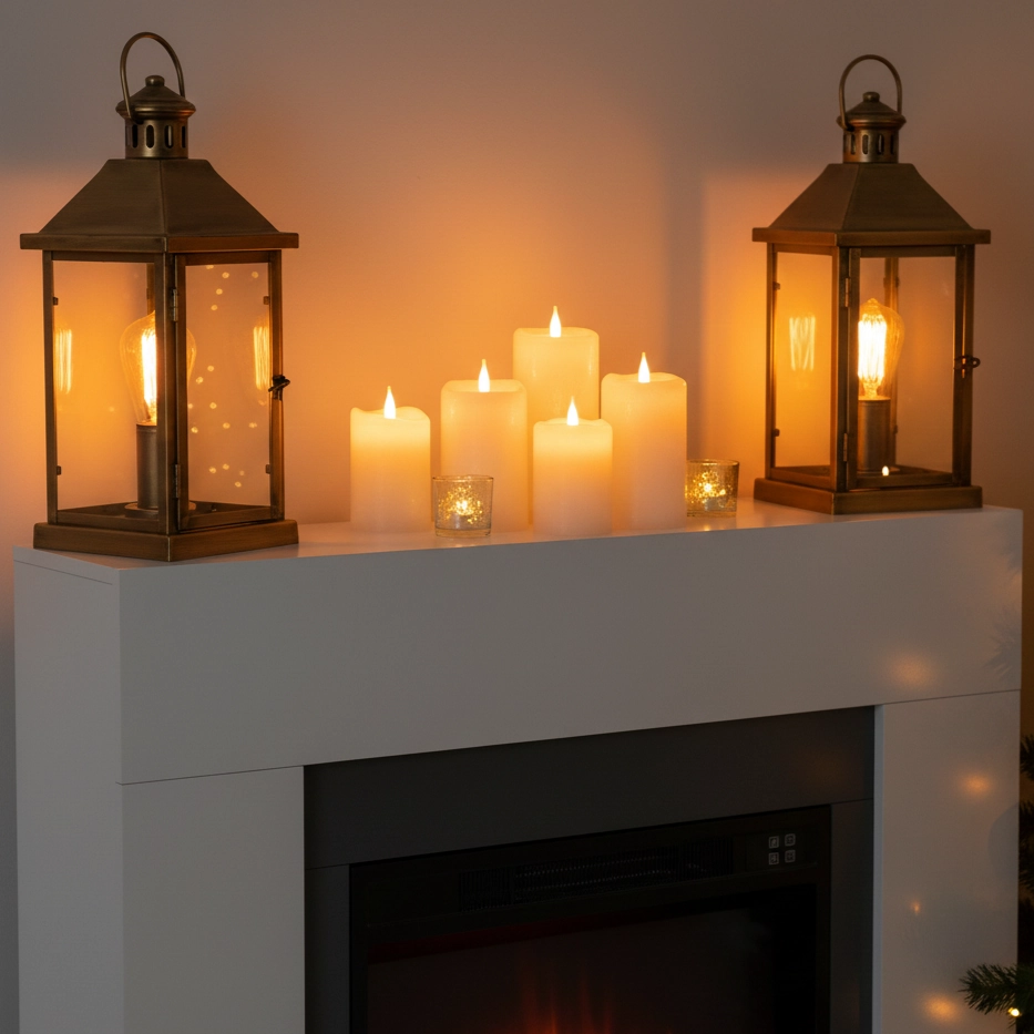 Lanterns and glowing pillar candles on white mantel.