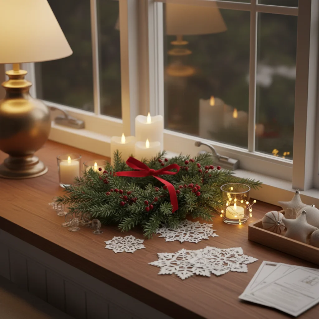 Holiday wreath with candles and snowflake décor arranged on a cozy wooden windowsill

