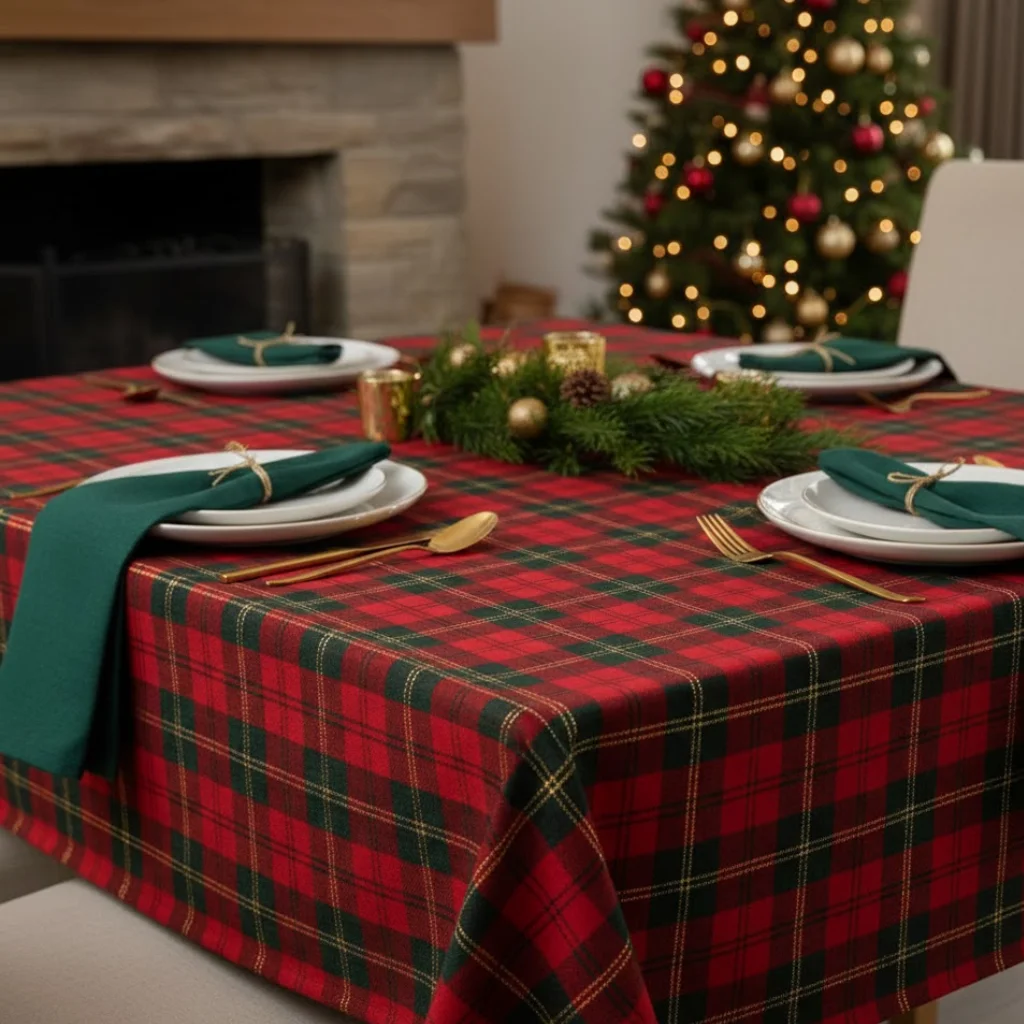 Red tartan Christmas table setup with green napkins and gold cutlery.
