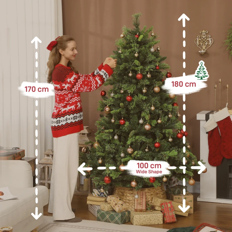 Woman decorating tall Christmas tree with height markers.