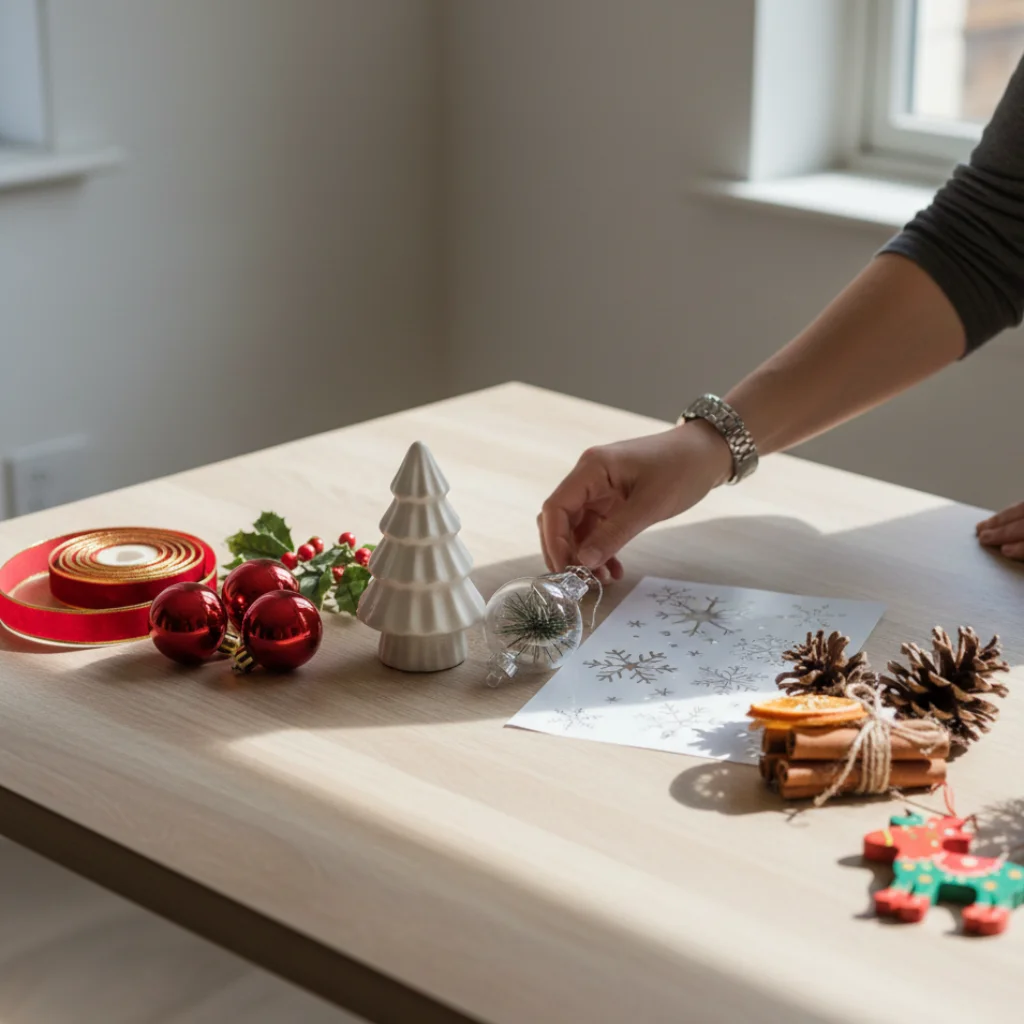 Person arranging minimal Christmas décor with ornaments, ribbon, pinecones, and a ceramic tree
