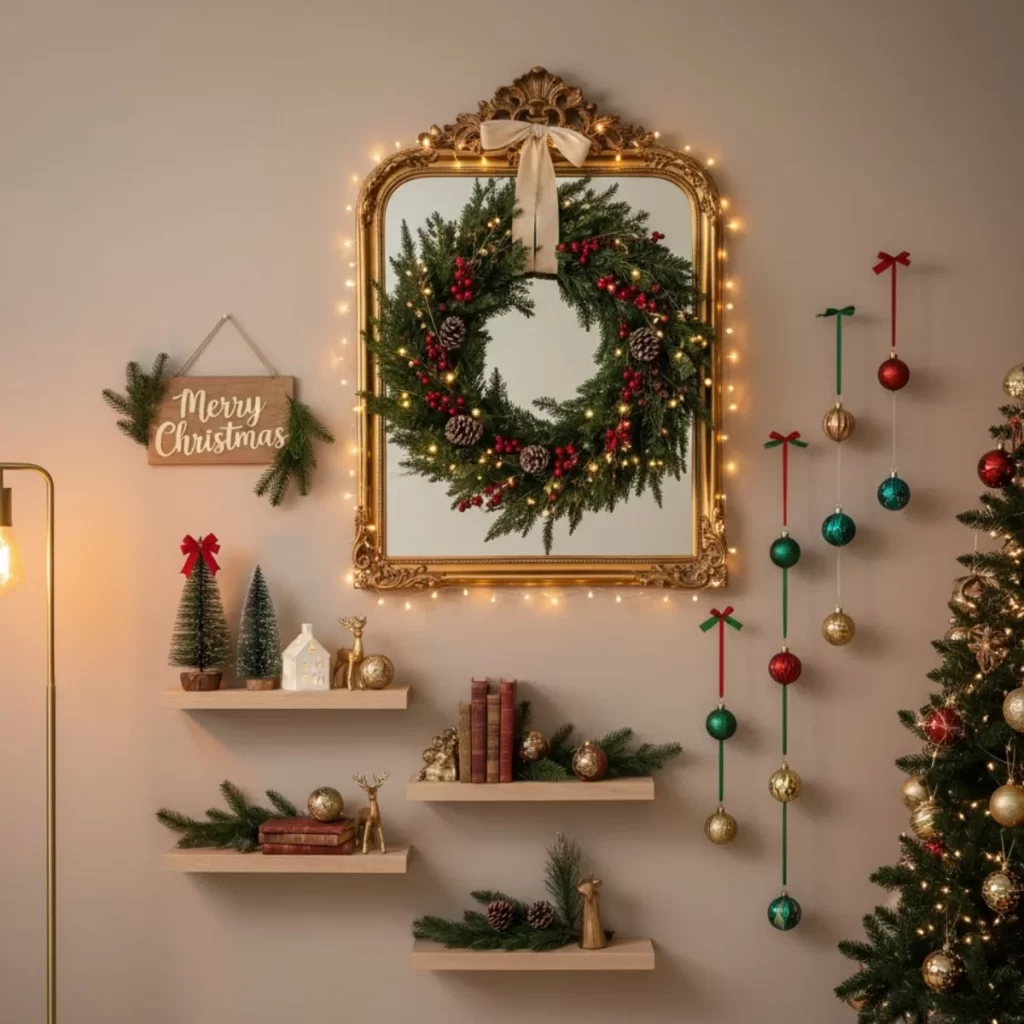 Festive wall decor with mirror, lighted wreath, shelves, and ornaments.