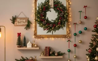 Festive wall decor with mirror, lighted wreath, shelves, and ornaments.