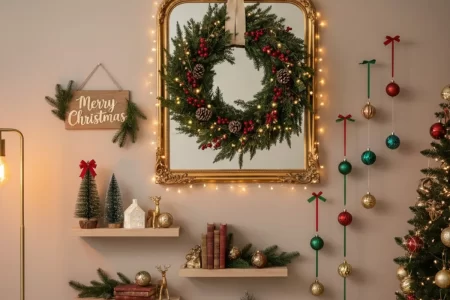 Festive wall decor with mirror, lighted wreath, shelves, and ornaments.
