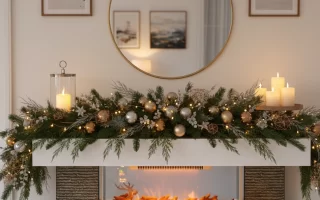 Gold and silver garland on modern white fireplace.