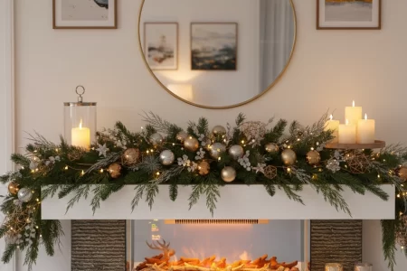 Gold and silver garland on modern white fireplace.
