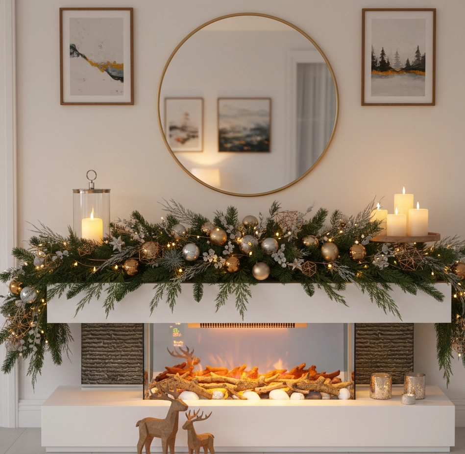 Gold and silver garland on modern white fireplace.