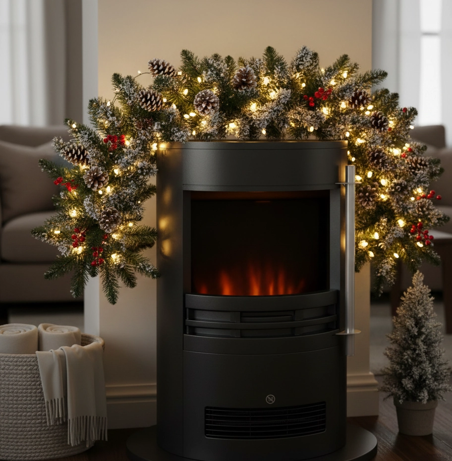 Flocked garland with pinecones and lights on black stove.