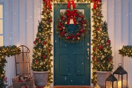 Festive porch with garland, wreath, lights, and wrapped gifts.