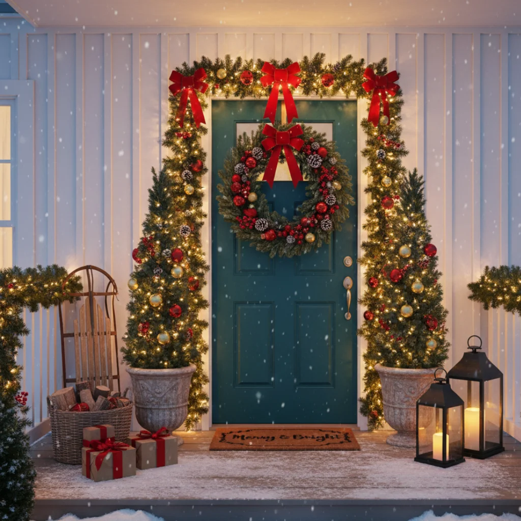 Festive porch with garland, wreath, lights, and wrapped gifts.
