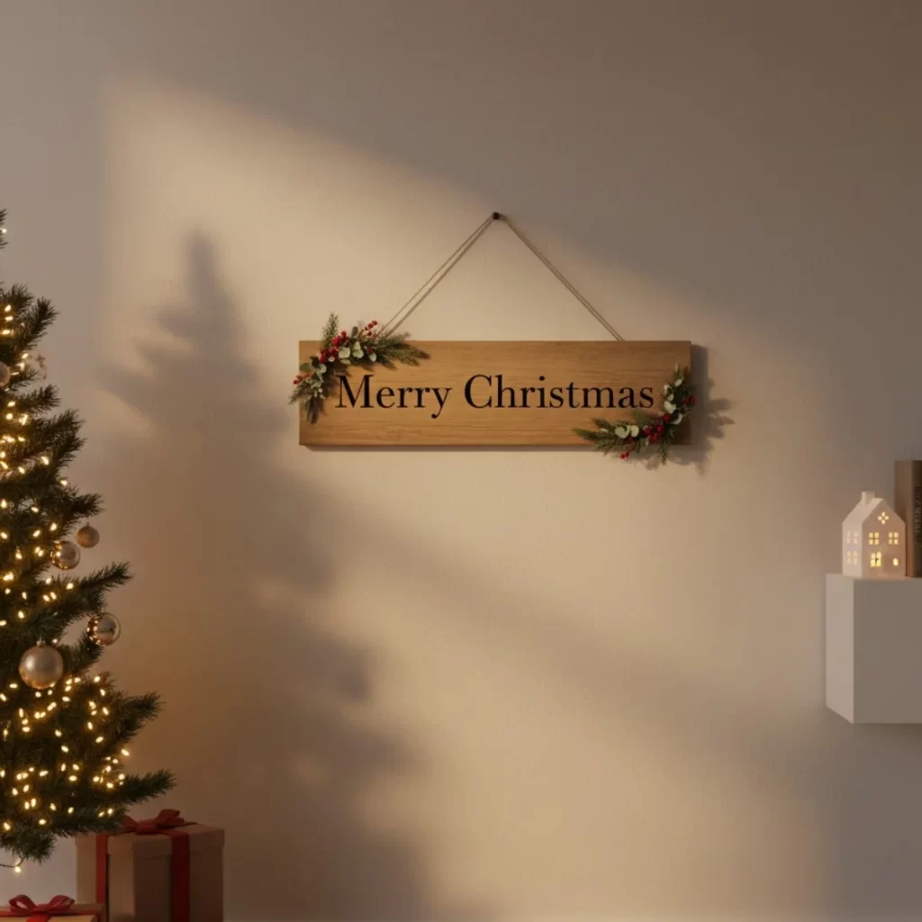 Wooden "Merry Christmas" sign on a wall beside a lighted Christmas tree.