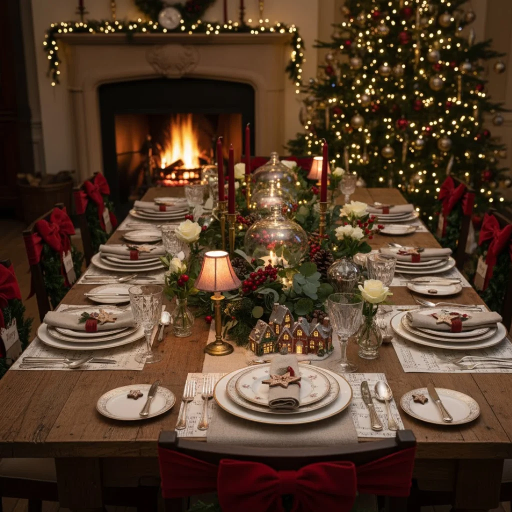 Warm festive dining table with candles, flowers, and a Christmas tree by a fireplace.
