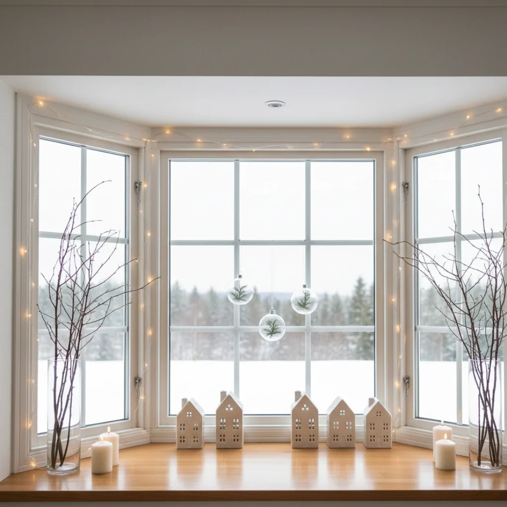 Bay window decorated with mini house lanterns, branches, candles, and hanging ornaments

