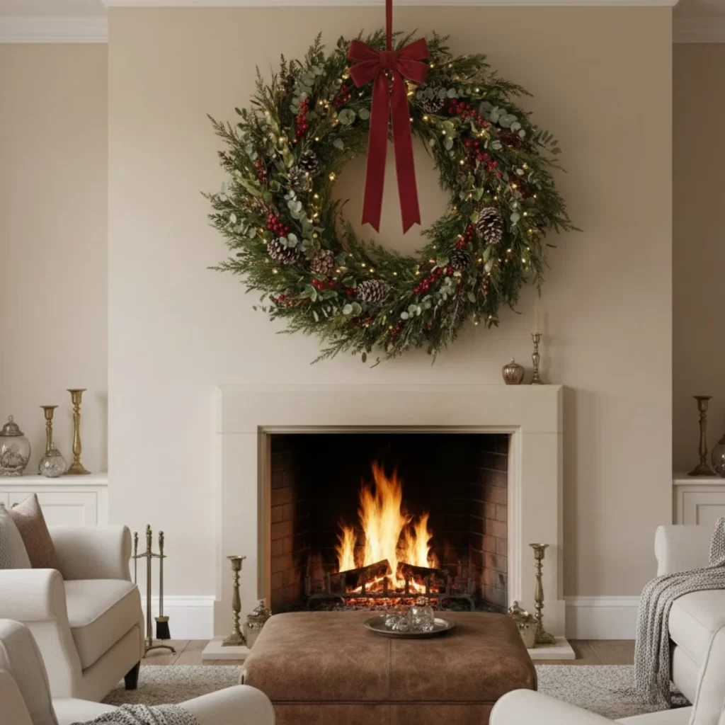 Large lighted Christmas wreath hanging over a living room fireplace.