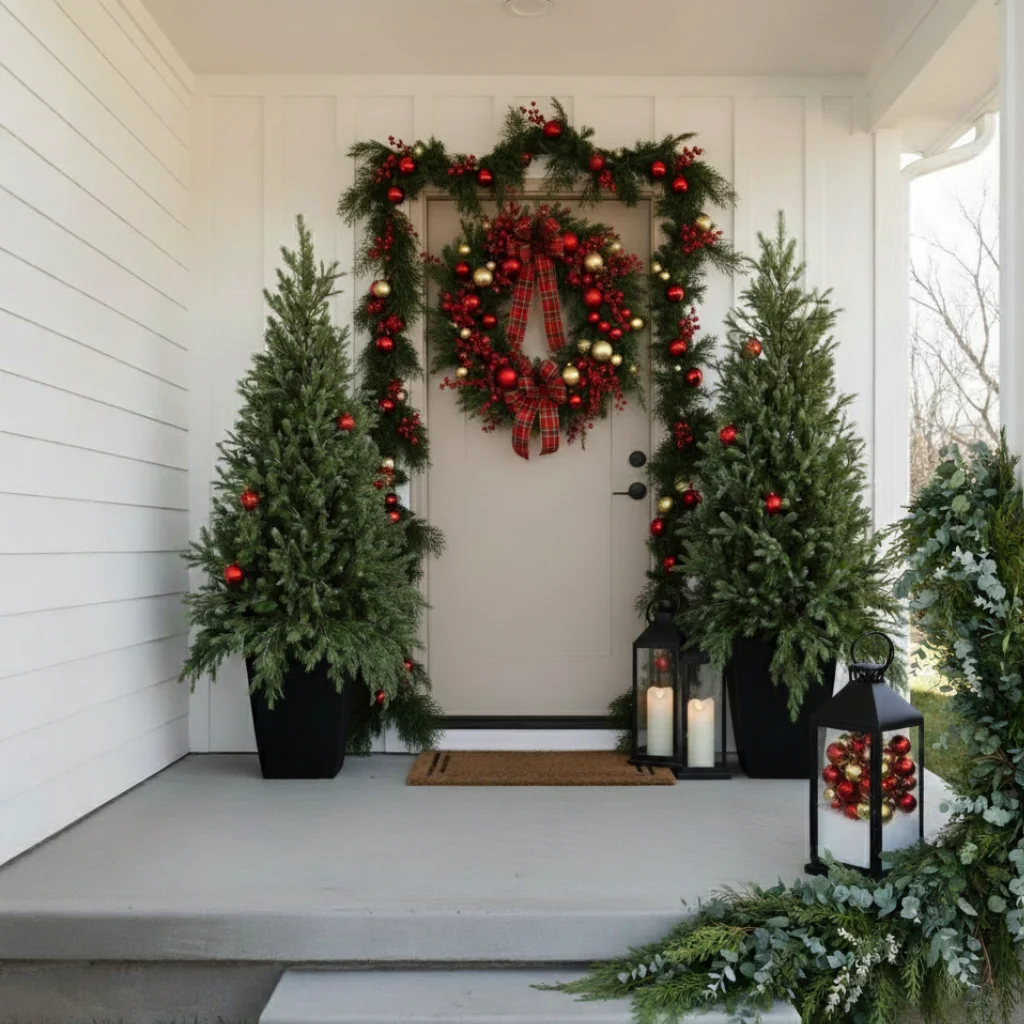 Symmetrical Christmas garlands and trees framing the front door.