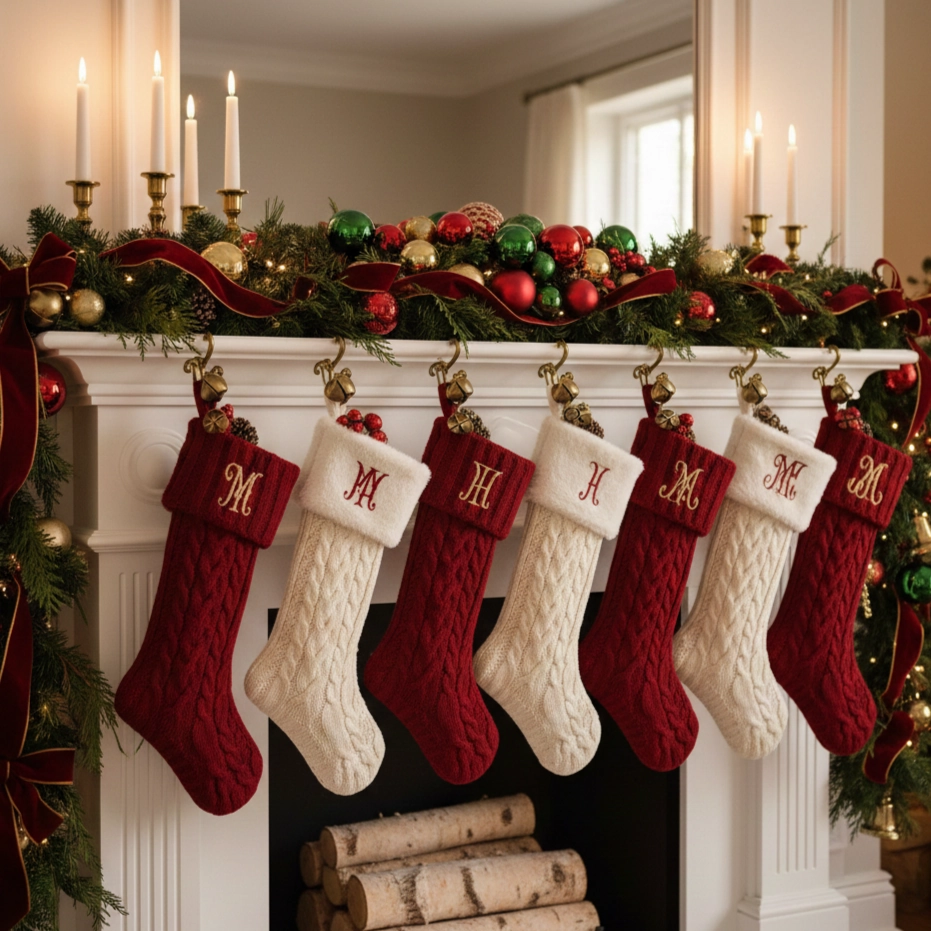 Red and white Christmas stockings hanging across fireplace.