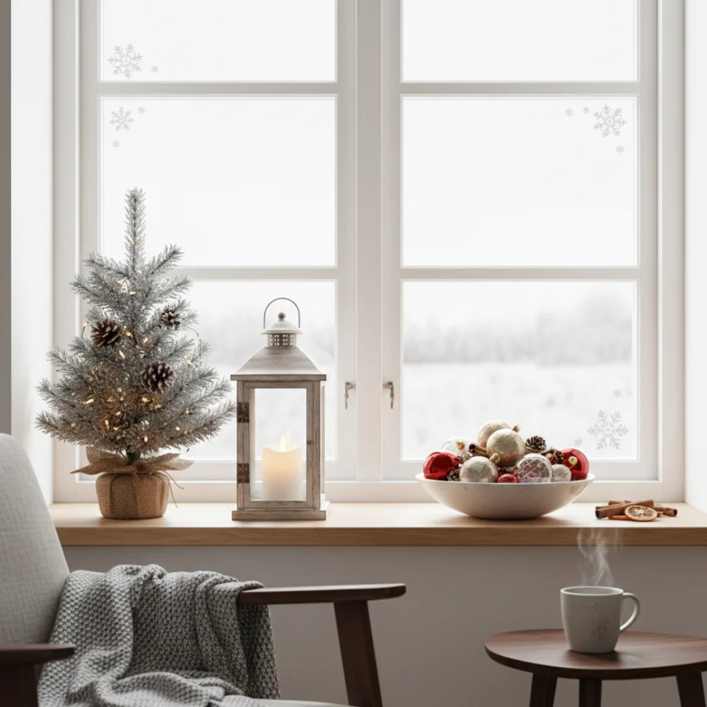 Small tabletop Christmas tree, lantern, and festive bowl displayed on a bright windowsill
