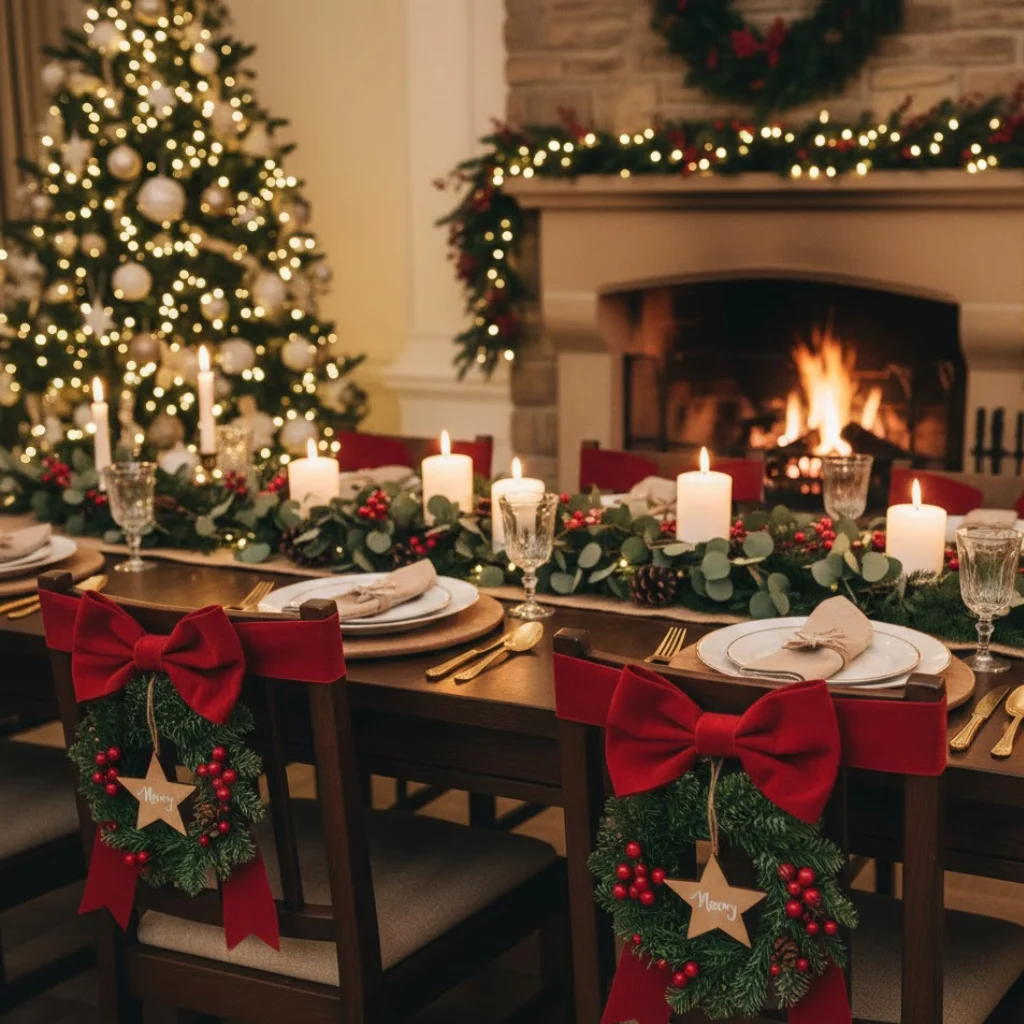 Christmas dining chairs decorated with red bows and mini wreaths beside a glowing fireplace.
