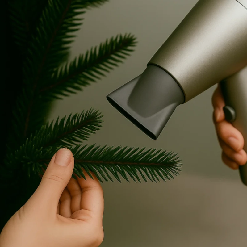 Using a hair dryer to gently dry artificial Christmas tree branches after cleaning.