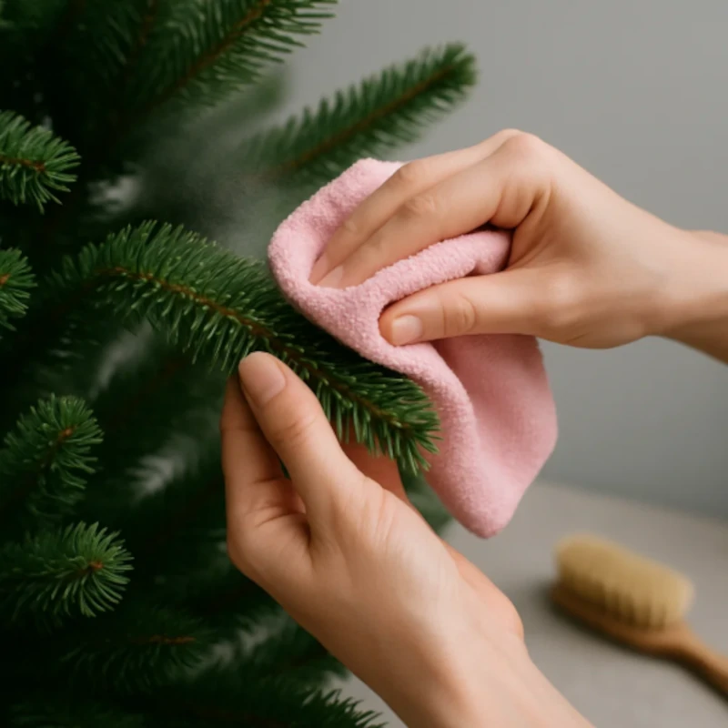 Hands wiping dust from artificial Christmas tree branches using a soft pink cloth.