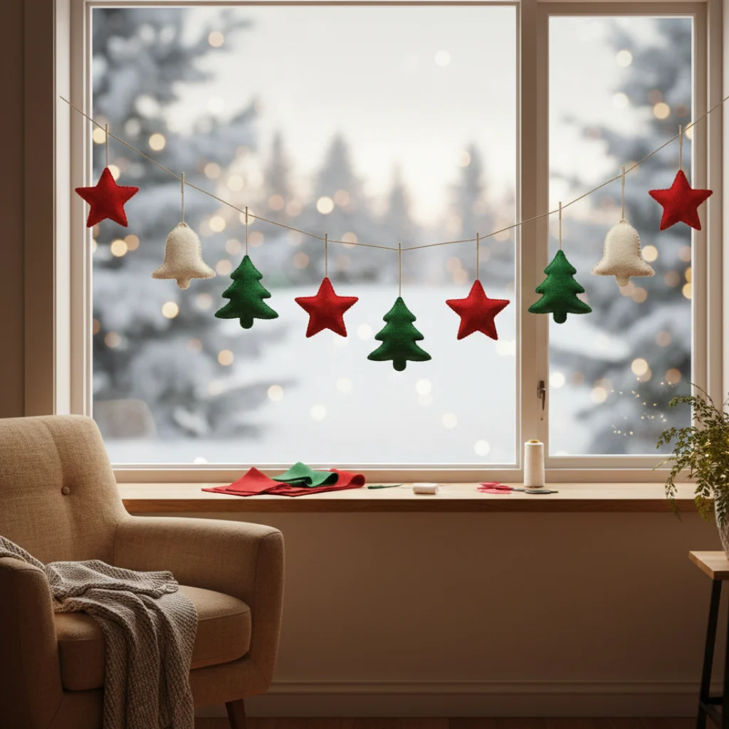 Hanging felt stars and tree garlands displayed across a winter window
