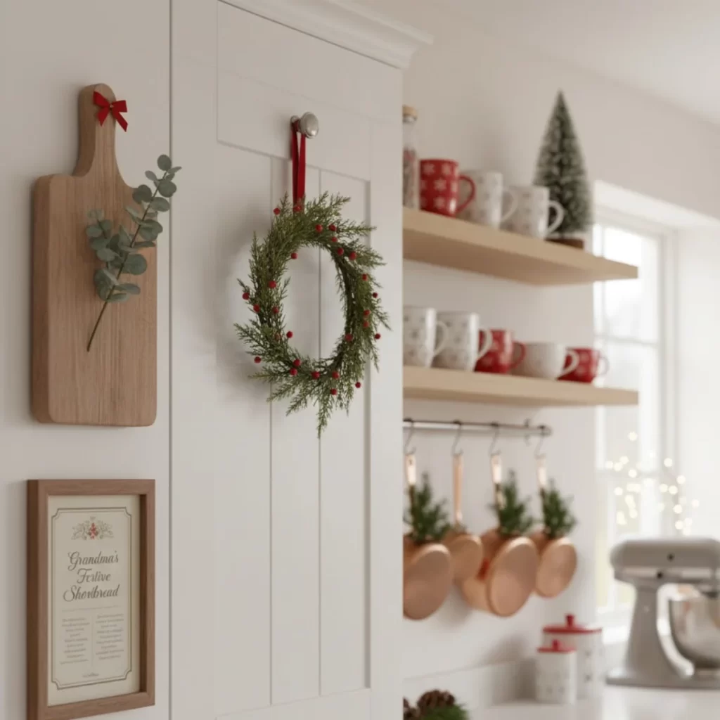 Kitchen wall decorations with small wreath, cutting board, and copper pots