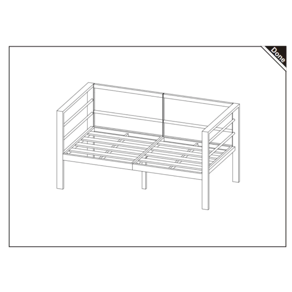 Line drawing of a completed two-seater outdoor sofa frame.