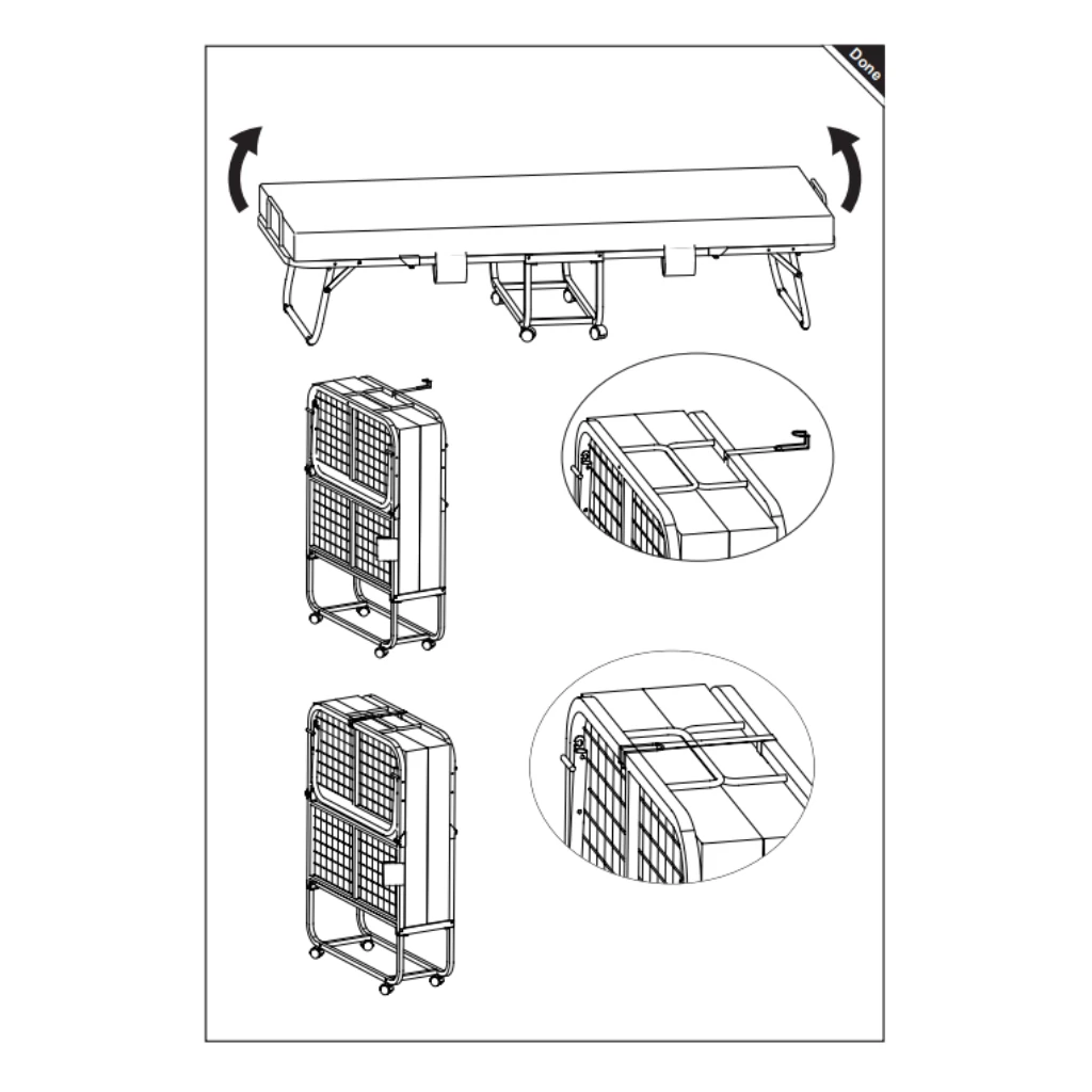 foldable bed shown closing and locking upright for storage.
