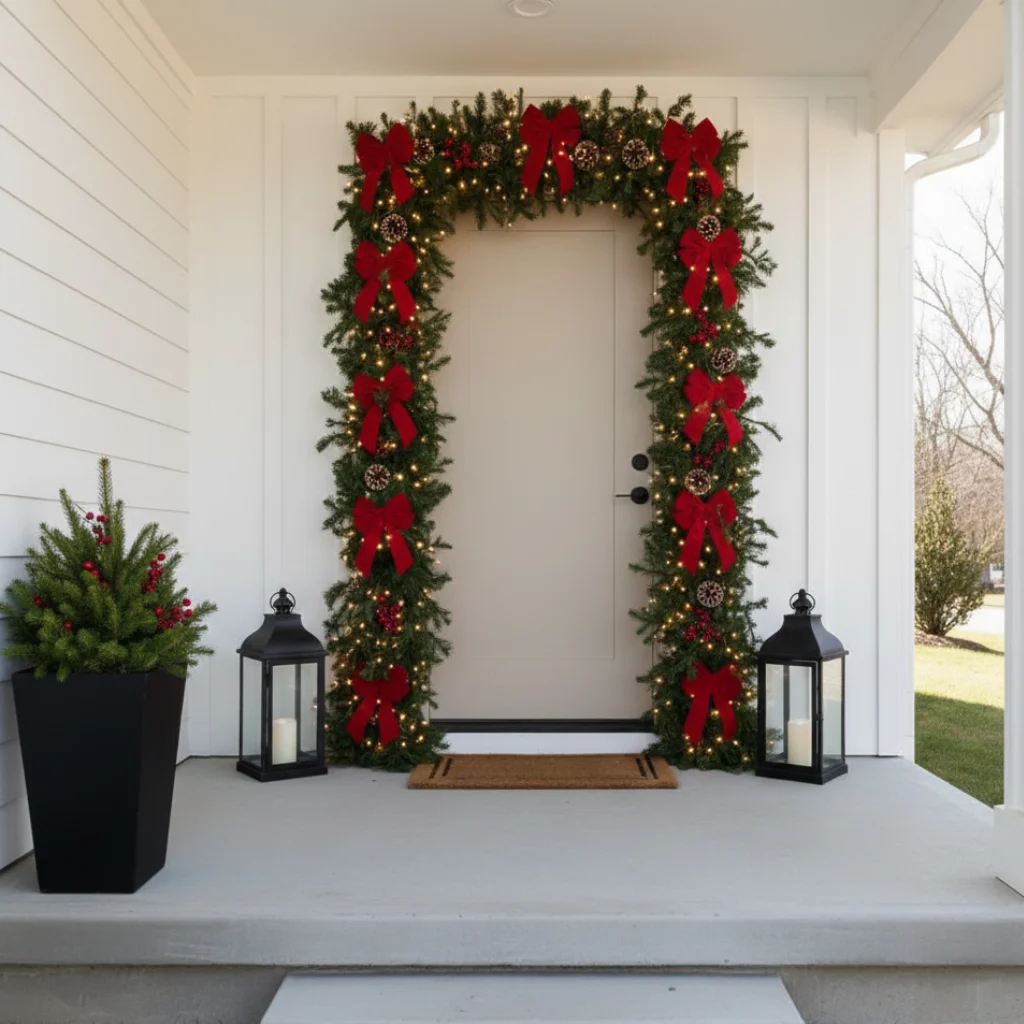 Door framed with Christmas garland and large red bows.