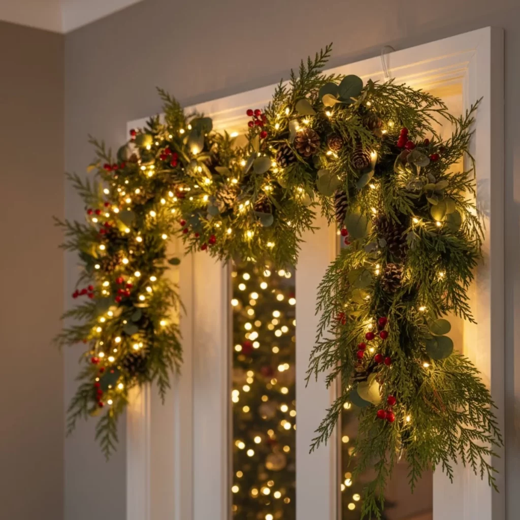 Lighted cedar and berry Christmas garland decorating a door frame.