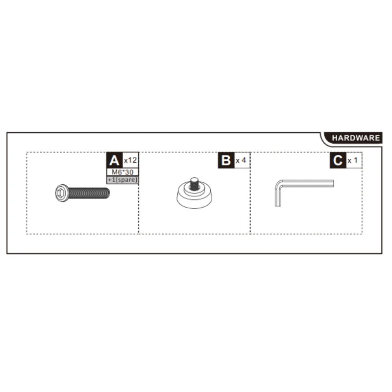 Diagram displaying bolts, levelling feet, and an Allen key required for assembling the storage shelf. - HOMCOM 3-Tier Side Table Assembly Manual (SKU838-446V80BK)